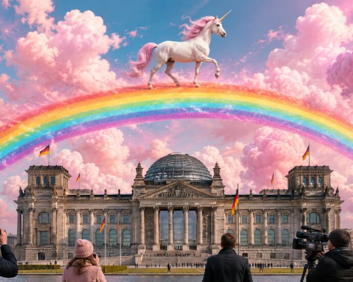 Regenbogen am Reichstag: Einhörner im Zuckerland | Symbolbild KI-generiert © 2026 EMH AG JS by OpenAI 5.5